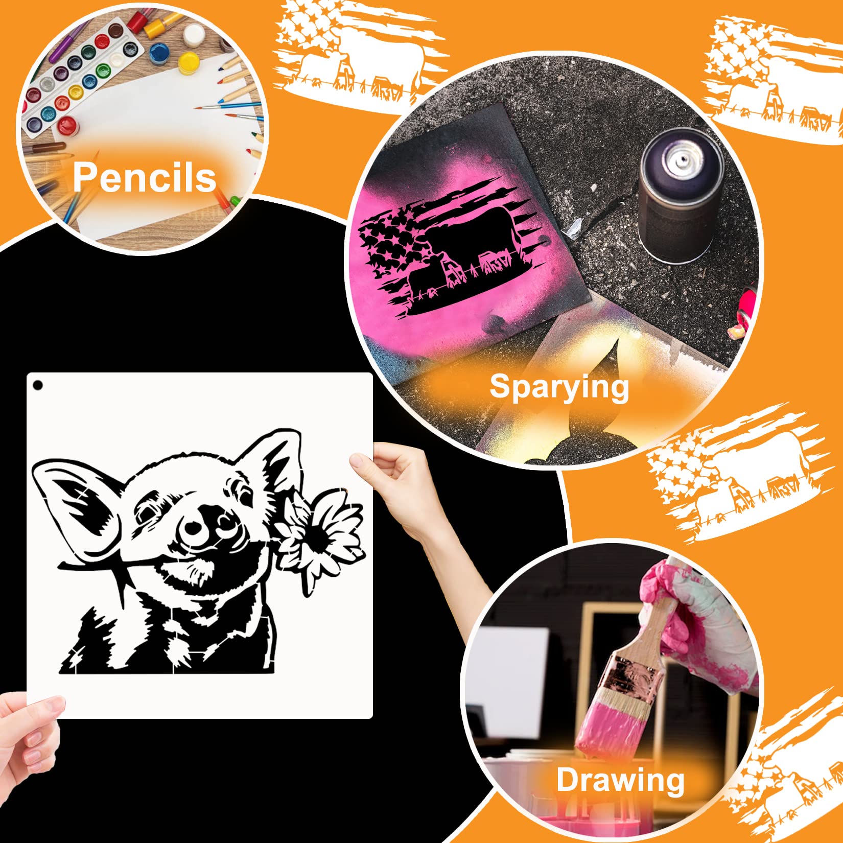 Farmhouse Stencils, Reusable Cow Pig Farm Stencils Wood Burning Country Farm Animal Paint Stencils for Painting on Wood DIY Craft Furniture Wall Sign Fabric Decors