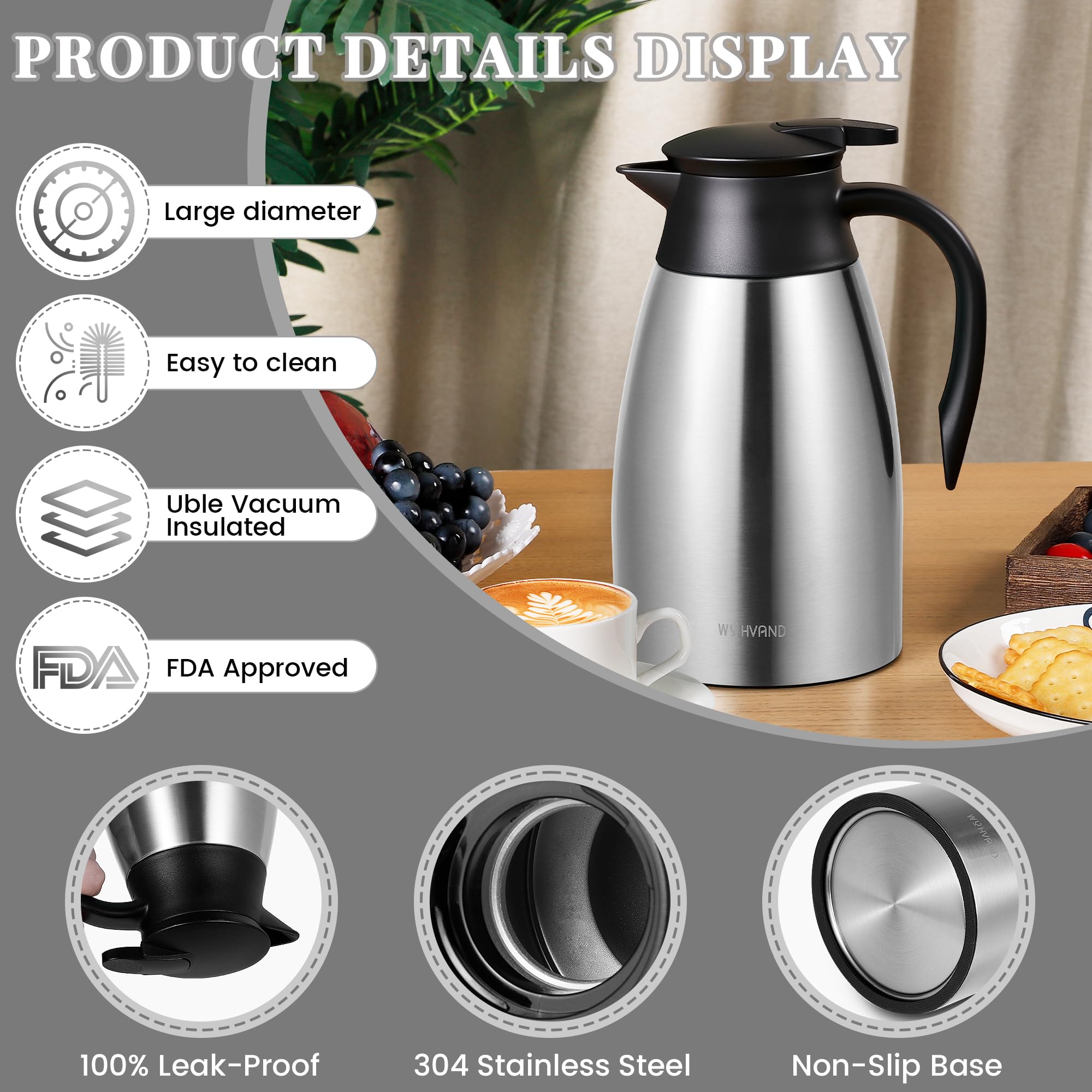 WYHVAND Thermal Coffee Carafe, 51 oz, Leakproof Push-Button Lid, Silver