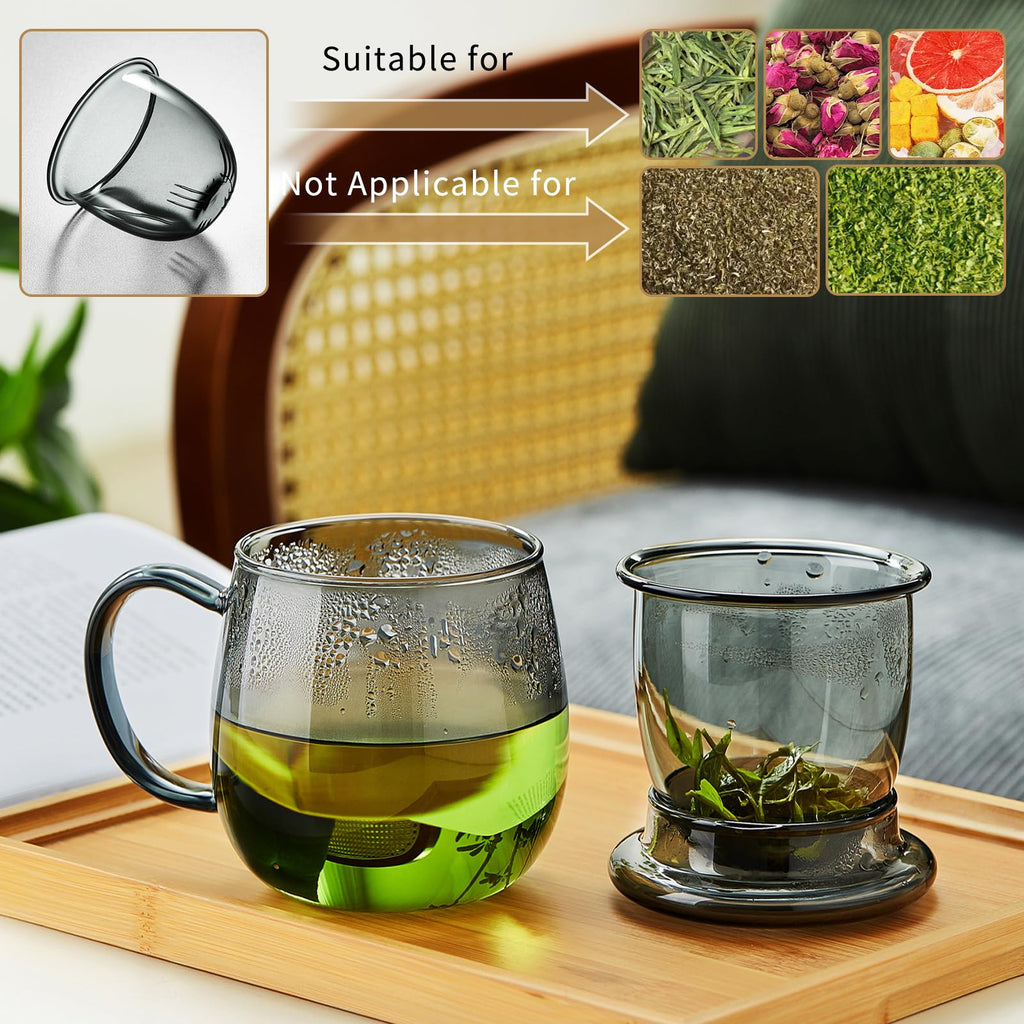 Glass Tea Cup with Infuser and Lid, 17.6oz/520ml Large Borosilicate Teacup, Clear Mug for Loose Leaf Tea, Blooming Tea, Tea Bags - Perfect Christmas or Birthday Gift for Men.