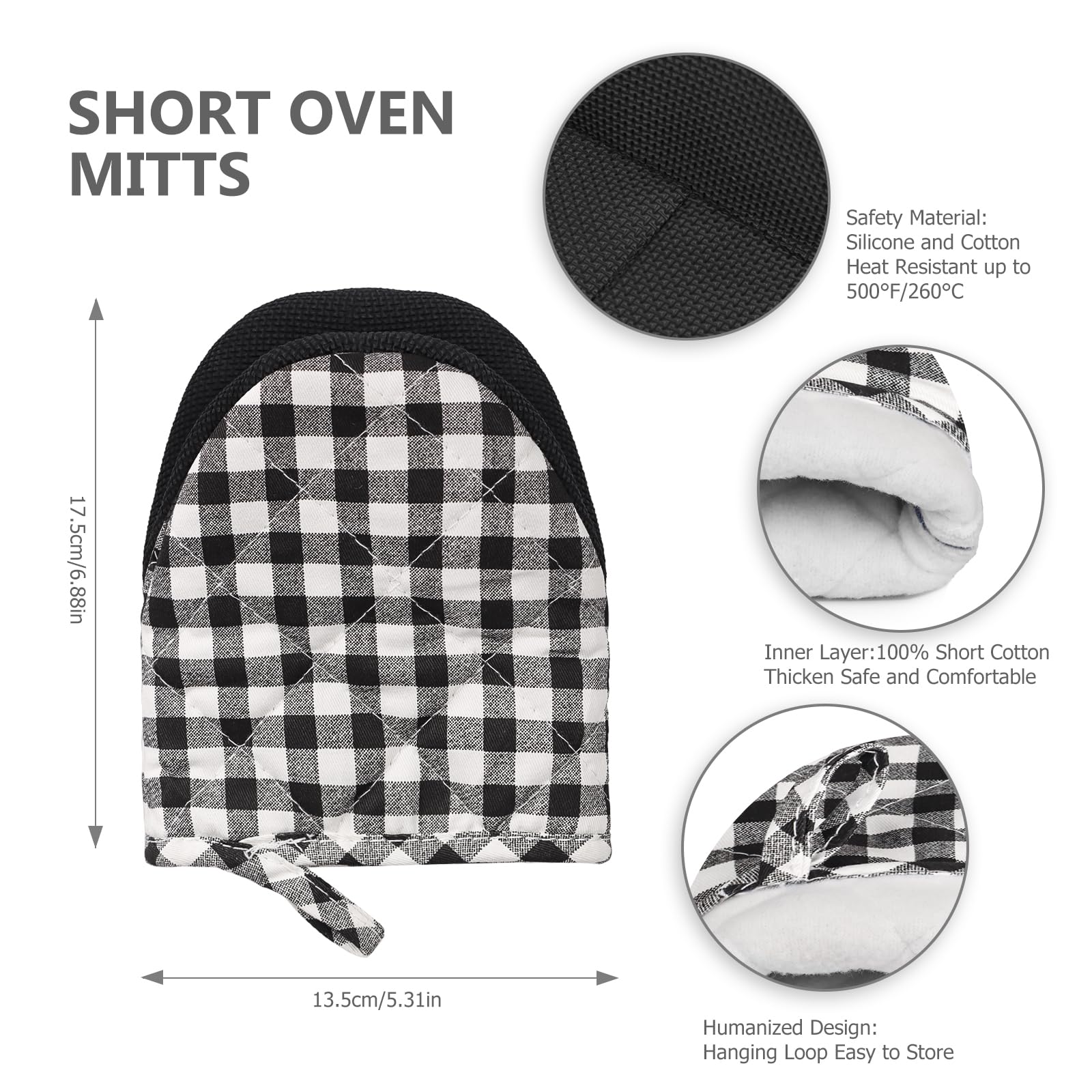 Short Oven Mitts, Heat Resistant 500°F, Silicone Grip Kitchen Gloves, Non-Slip for Baking, Grilling, BBQ, Machine Washable with Hanging Loop, 2-Pack Set, Black and White Plaid