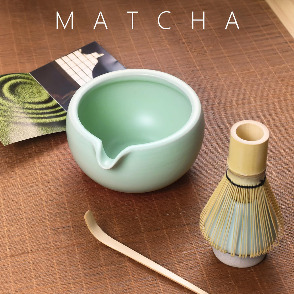 Artcome 4 Pcs Complete Matcha Ceremony Kit - Japanese Bowl With Pouring Spout, Whisk, Holder, Scoop - Tea Set for Making Usucha, Koicha and Latte (Green)