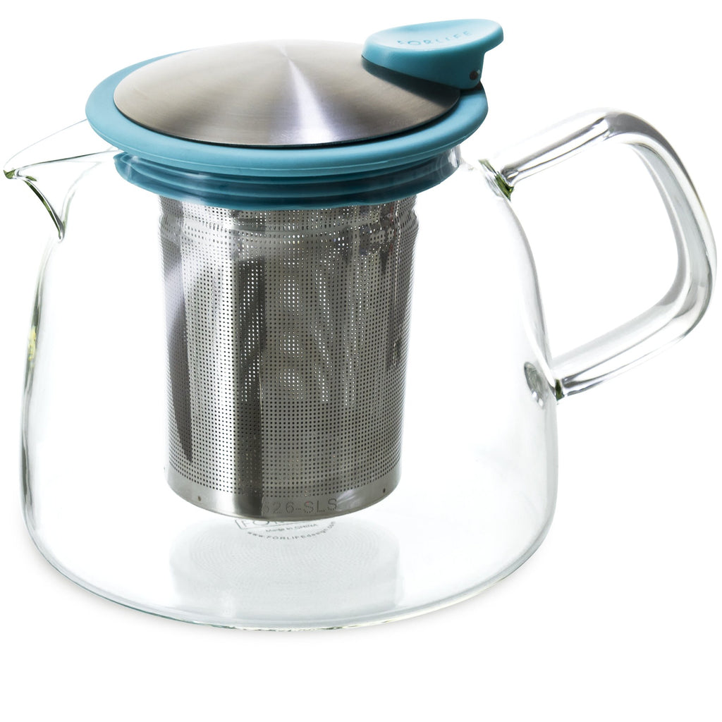 FORLIFE Bell Glass Teapot with Basket Infuser, 24 oz./730 mL, Turquoise