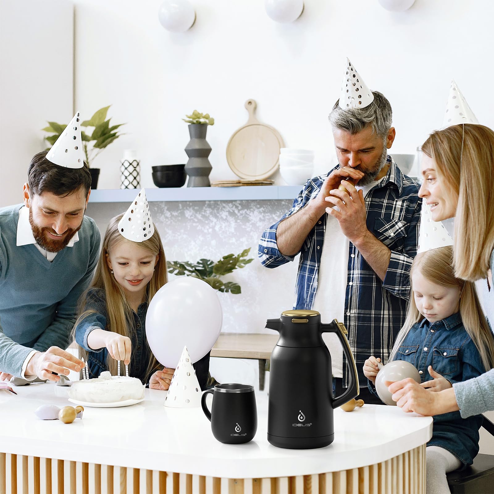 IDEUS Thermal Coffee Carafe, Stainless Steel Double Wall Insulated Vacuum Flask, Water Jug Coffee Server and Beverage Dispenser, Heat and Cold Retention (Black-Gold, 68, Fluid Ounces)