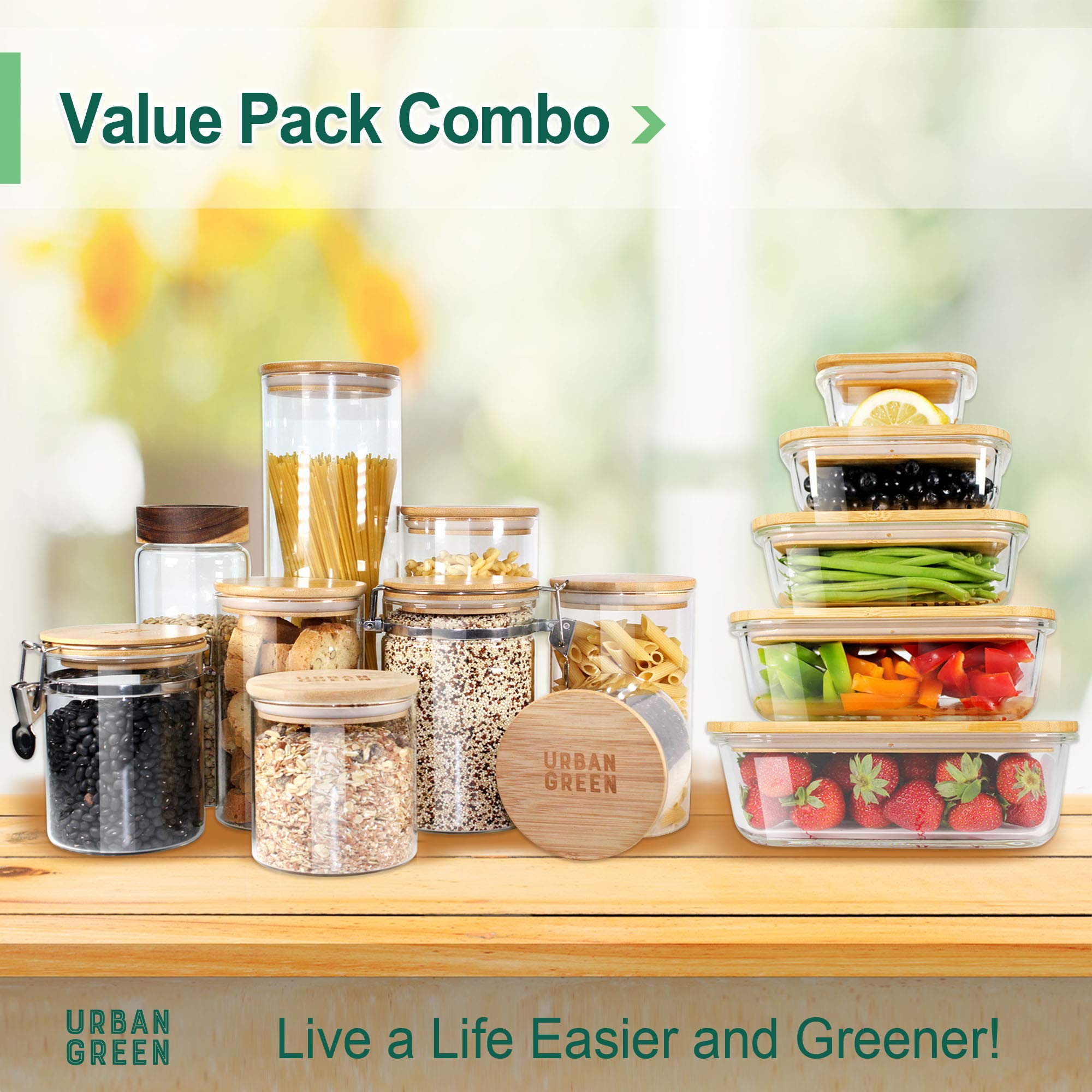 Urban Green Glass Jars with Airtight Lids, Airtight Glass Canisters with Locking Lids, (Bamboo-20oz-30oz)