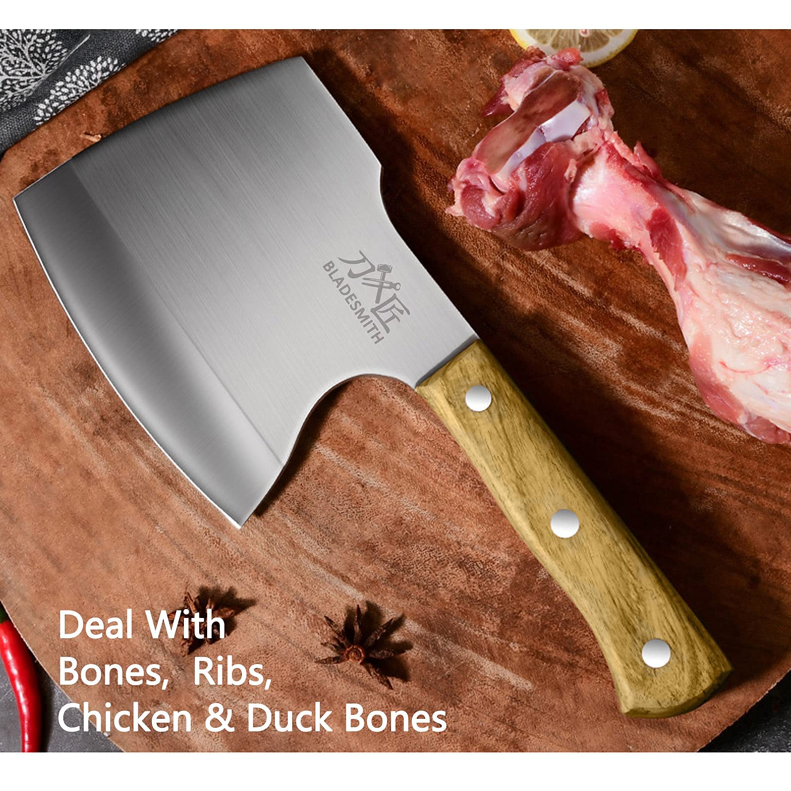 BLADESMITH Meat Cleaver Butcher Axe Bone Chopper Heavy Duty - 6.3'' Bone Cutting Knife Bone Breaker, Stainless Steel Thicken Blade & Pear Wood Handle, Slaughterhouse Looks Manly,2025 Gifts