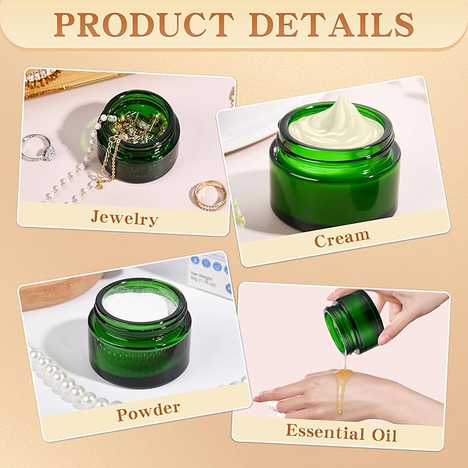 Glass Jars with Lids,Eco-Friendly Cosmetic Containers with Airtight Black Lids & Liners, Multi-Color Options for Cream, Lotion, Body Butter, DIY Skincare Travel Jars (Green, 1oz)