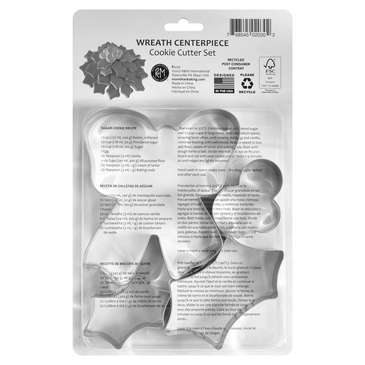 R&M Wreath Centerpiece 4-Piece Cookie Cutter Set – Steel Holly, Berries & Bow Holiday Christmas Baking Set for Cookies, Fondant & Crafts
