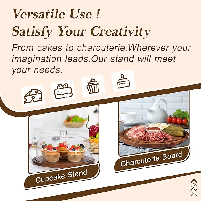 Bellsal Cake Stand with Clear Acrylic Dome Lid, 12in Acacia Wood Cake Holder with Lid, Cake Plate with Lid for Baking Gifts, Cake Display Server Tray for Birthday Party Weddings