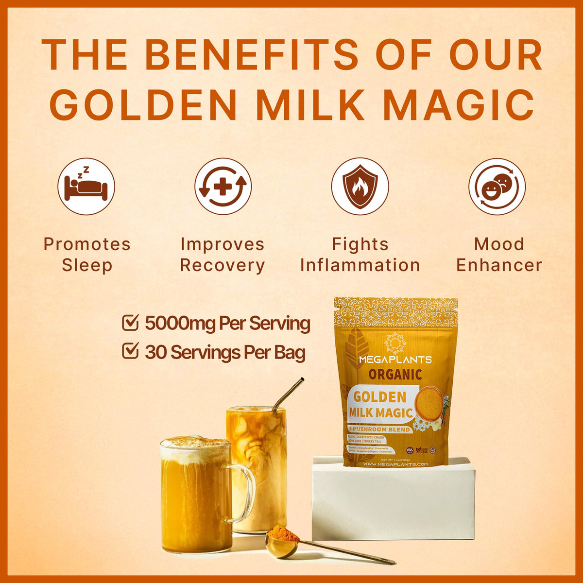 MEGAPLANTS Golden Milk Powder | Turmeric Ashwagandha Superfood Latte Mix