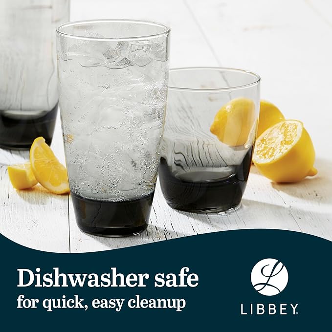 Libbey Classic Rocks and Tumbler Glasses Set of 16, Smoke Hue, Lead-Free Water Glasses, Dishwasher Safe Drinking Glasses Set