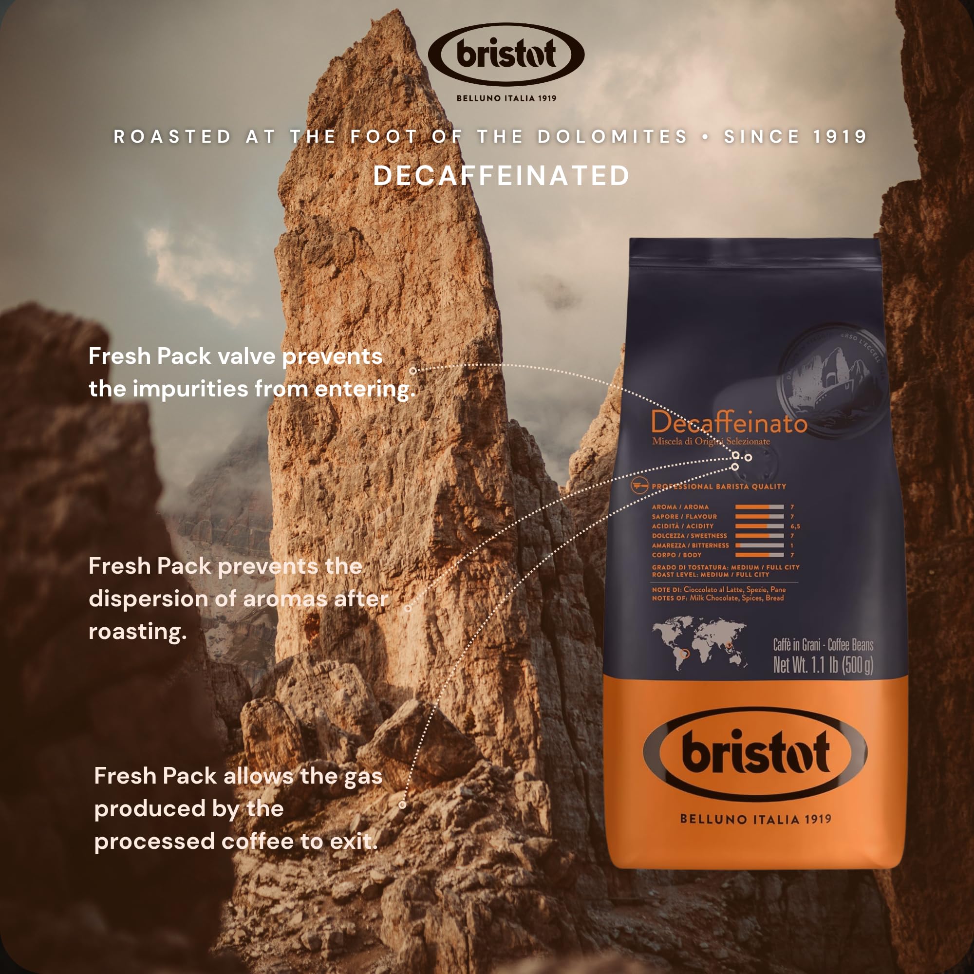 Bristot Decaf Italian Coffee Beans – Medium Roast Whole Espresso Beans – Smooth & Rich Flavor – 1.1 lb (500g) Bag – Roasted in Italy