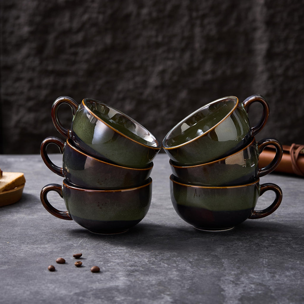 Coffeezone Set of 6 Vintage Design 12 oz Professional Barista Ceramic Latte Art Cappuccino Cups Set (Sea Grey * 6)