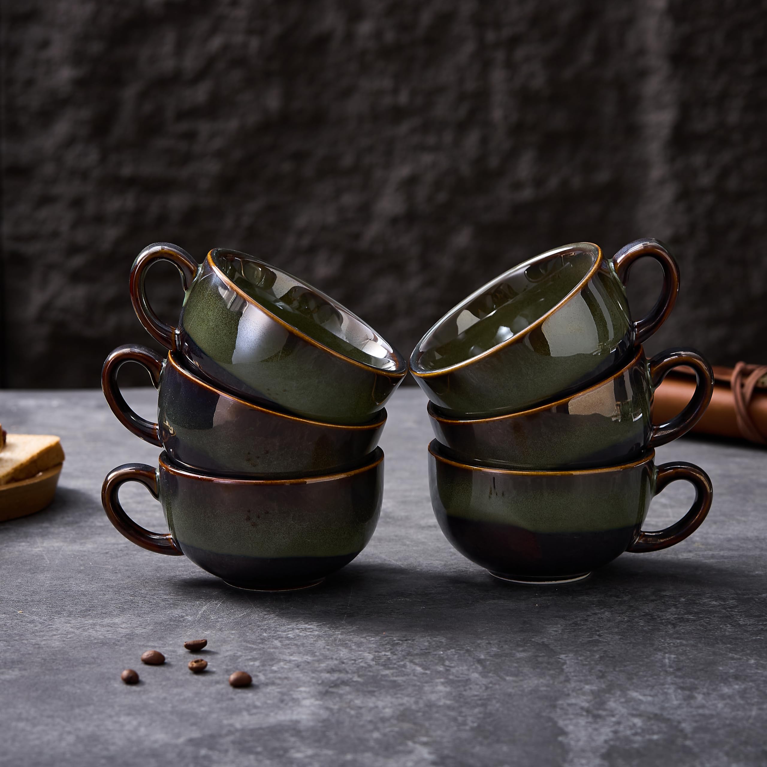 Coffeezone Set of 6 Vintage Design 12 oz Professional Barista Ceramic Latte Art Cappuccino Cups Set (Sea Grey * 6)