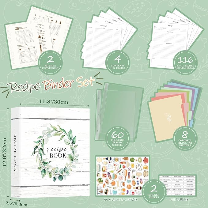 Lanpn Recipe Binder 8.5x11 3 Ring Kit, Waterproof Organizer Binder Recipe Book with 60 Plastic Sleeves,116 Recipes, Dividers,Labels & Stickers, Blank Cookbook to Write in Your Own Recipes, Leaf