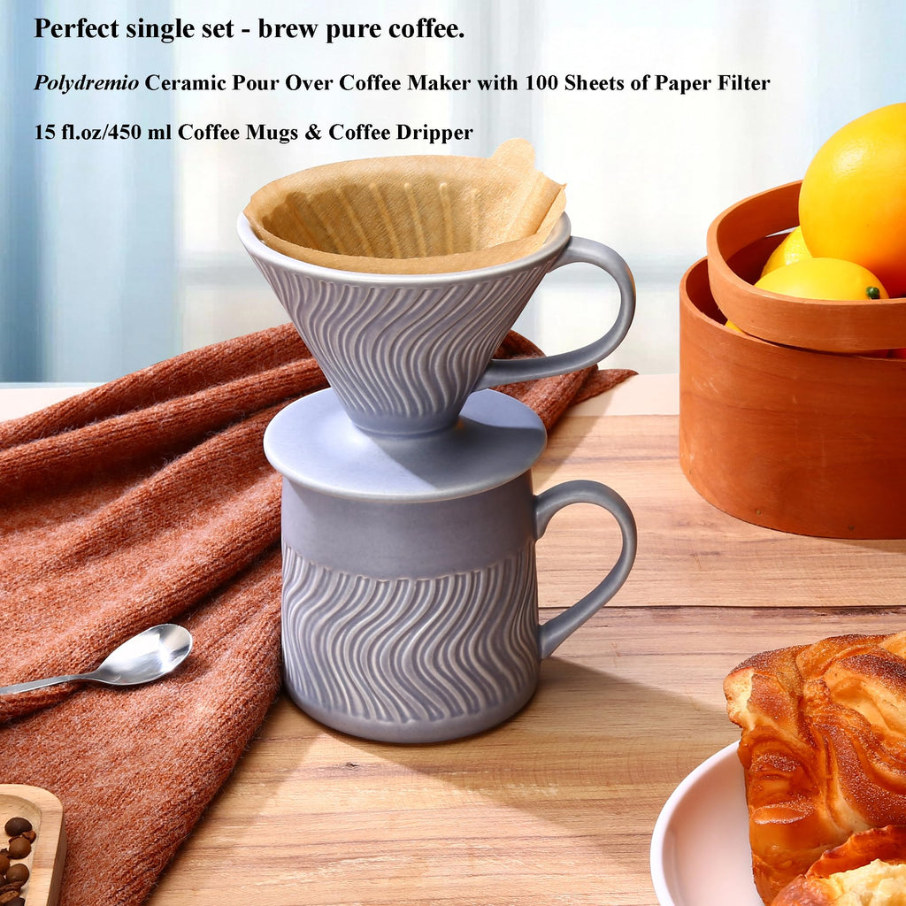 Polydremio Pour Over Coffee Maker with 100 Sheets of Paper Filter, 15 oz Ceramic Coffee Mug & Ceramic Coffee Dripper, 1 Cup-Single brew coffee set, Purple