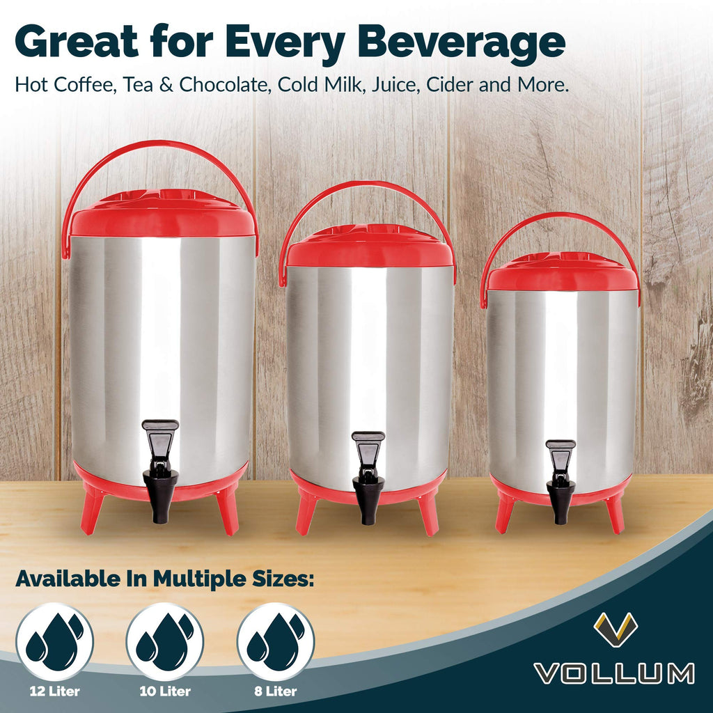 Vollum Stainless Steel Insulated Beverage Dispenser – Insulated Thermal Hot and Cold Coffee Carafe – 10 Liter Drink Dispenser with Spigot for Hot Water, Tea & Coffee, Cold Milk, Juice & More RED