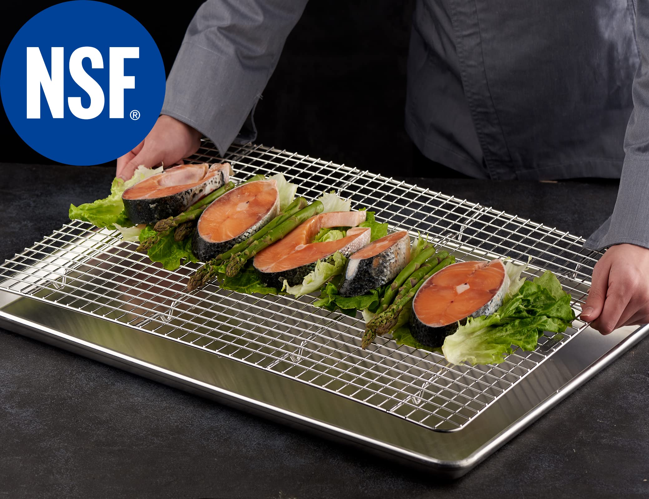 CURTA 2 Pack 16.8" X 24.4" Chef Cooling Rack,NSF Listed 18/8 Stainless Steel Oven Safe Grid Wire Cookie Cooling Racks for Baking & Cooking - Commercial Grade comes with Lifting Handl