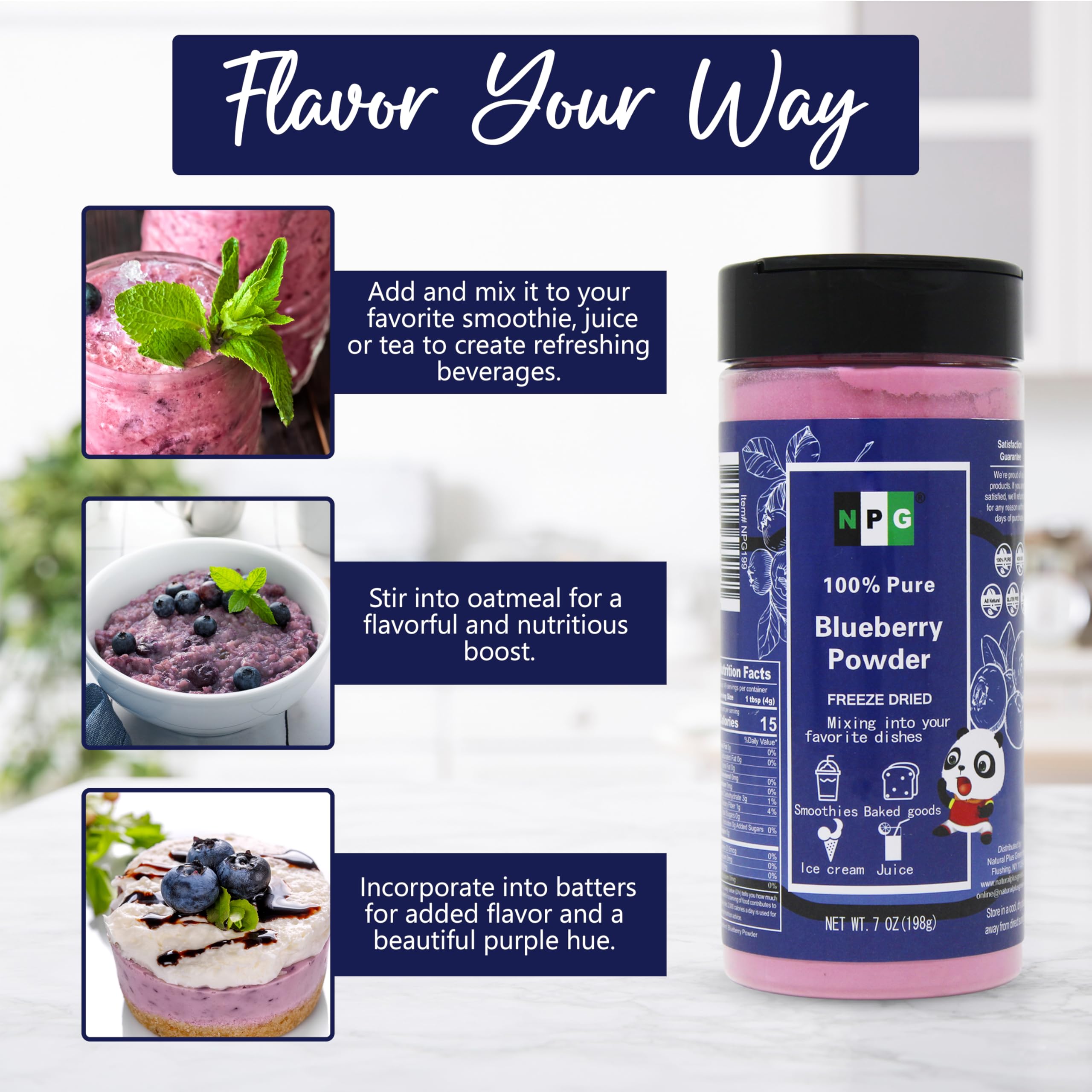 NPG Freeze Dried Blueberry Powder 7 oz, Seedless Wild Blueberries