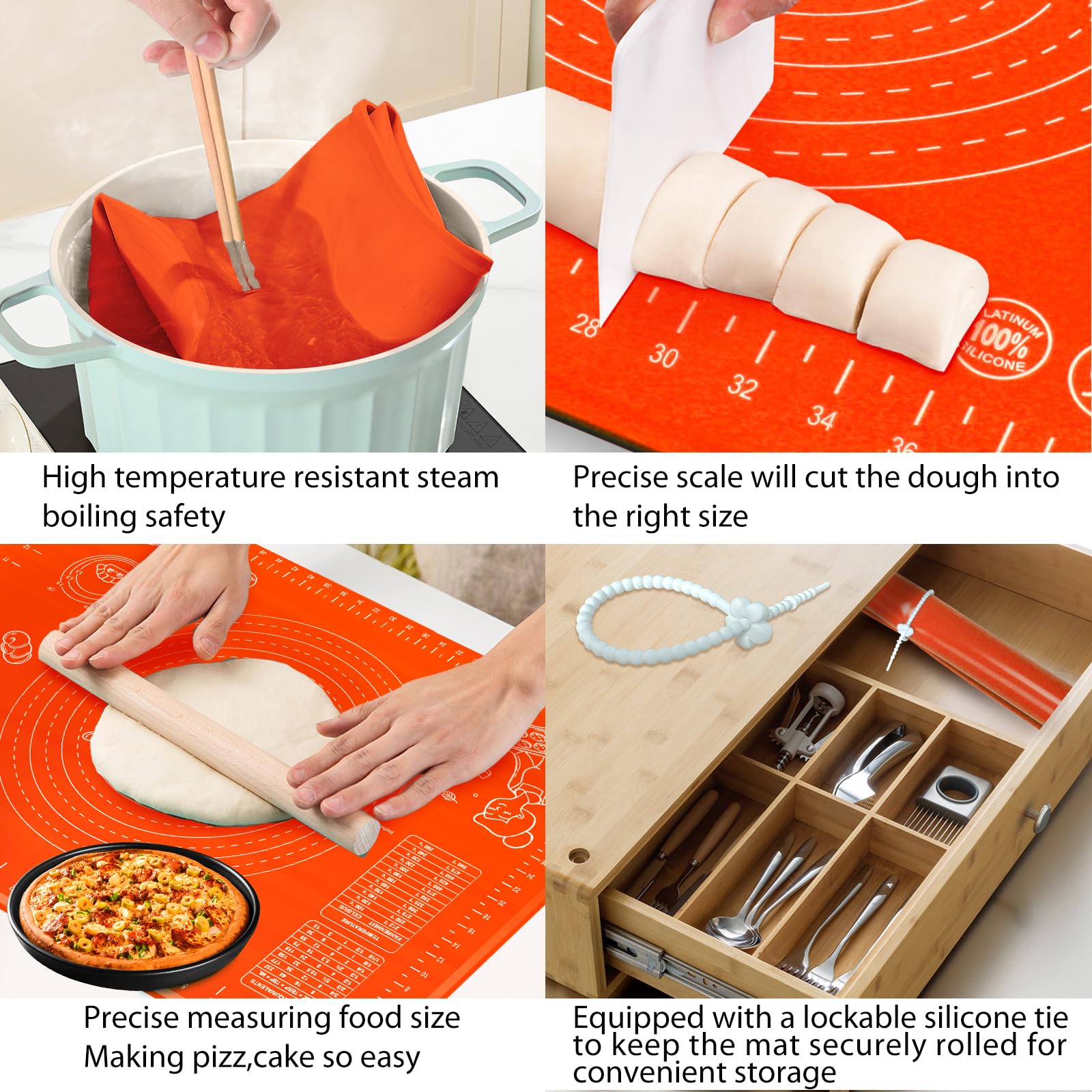 Silicone Baking Mat 28" x 20" Extra Thickness Dough Rolling Mat with Measurements and Edge Heightening, Non-stick Food Grade Silicone Pastry Mat for Pastry, Bread, Cookies, Pizza, Fondant, Pasta-Red