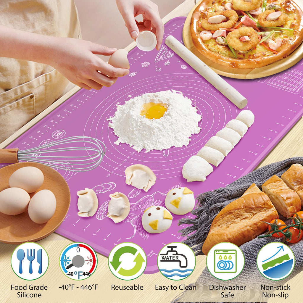 Silicone Baking Mat 28" x 20" Extra Thickness Dough Rolling Mat with Measurements and Edge Heightening, Non-stick Food Grade Silicone Pastry Mat for Pastry, Bread, Cookies, Pizza, Fondant, Pasta