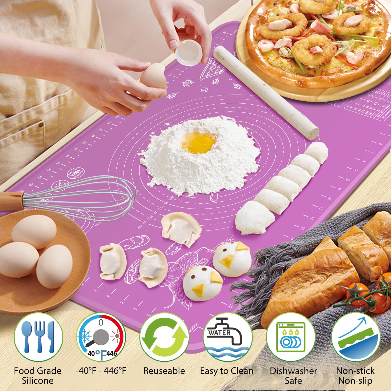Silicone Baking Mat 28" x 20" Extra Thickness Dough Rolling Mat with Measurements and Edge Heightening, Non-stick Food Grade Silicone Pastry Mat for Pastry, Bread, Cookies, Pizza, Fondant, Pasta