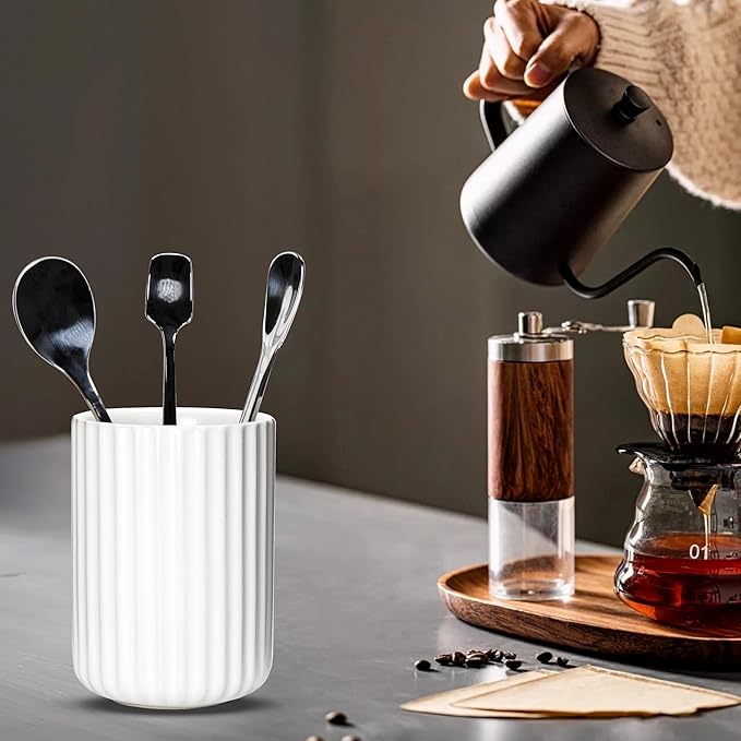 Ceramic Spoon Holder for Coffee Bar, Upright Tea Spoon Holder Cup, Coffee Stirrers Straws Stir Stick Holder, White Fluted Surface