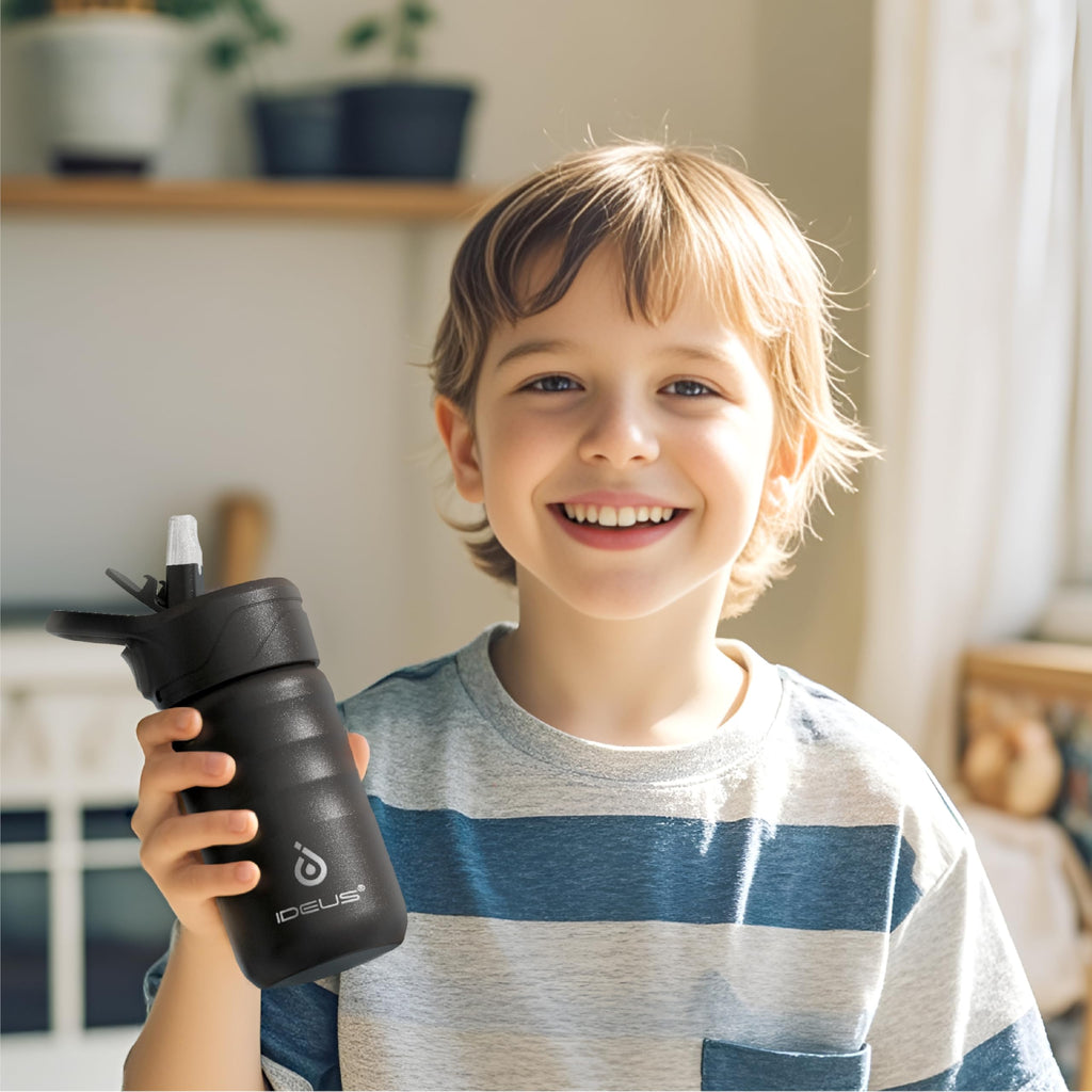 IDEUS Insulated Water Bottle 12oz, Stainless Steel Insulated Water Bottle For School, Insulated Bottles With Straws Leakproof, Vacuum Double Wall Water Bottles For Boys And Girls With 2 Lids, BPA Free