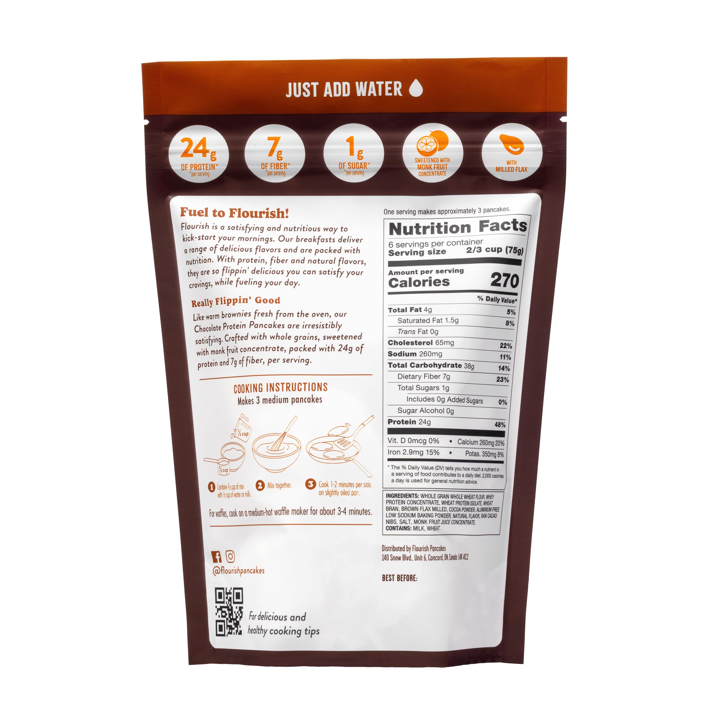 Flourish Protein Pancake & Waffle Mix, with Whey Protein & Flax Seed, No Added Sugar, High in Protein & Fiber - Just Add Water - Chocolate Flavour, 16oz (2 Pack)