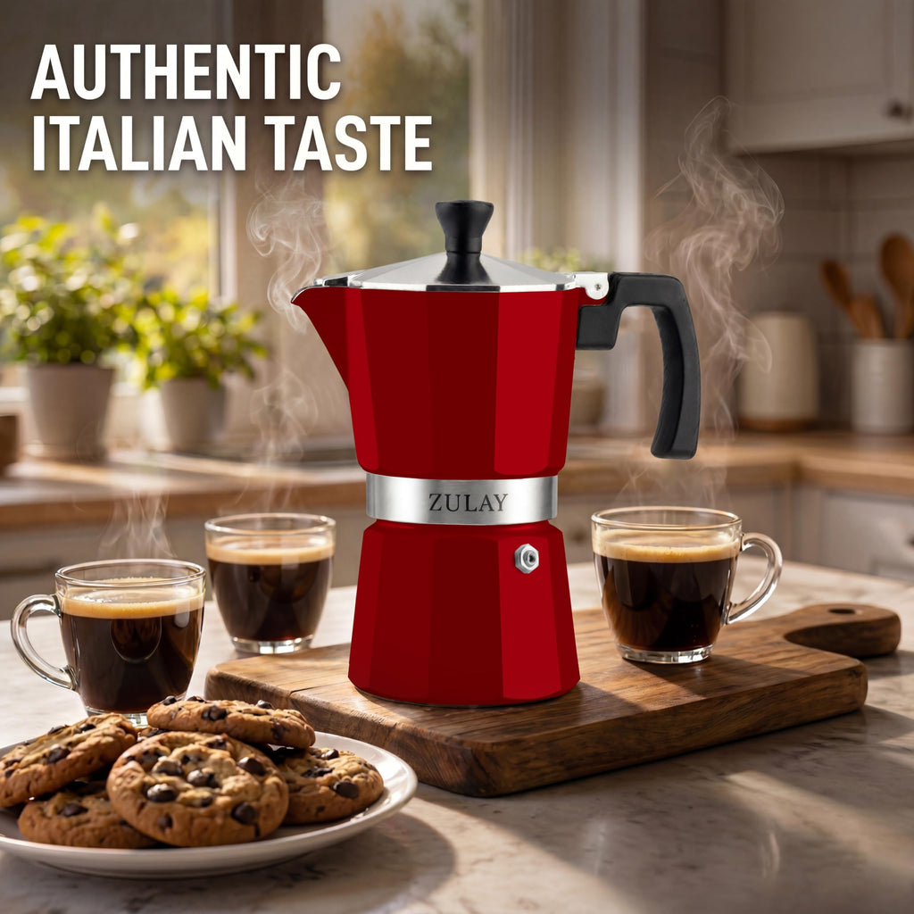 Zulay Moka Pot Espresso Stovetop Coffee Maker - Leak-Proof, Stainless Steel, Easy to Clean, Heat Resistant Handle & Knob - for Authentic Cuban & Italian Style Espresso - Makes 6 Espresso Cups - Red