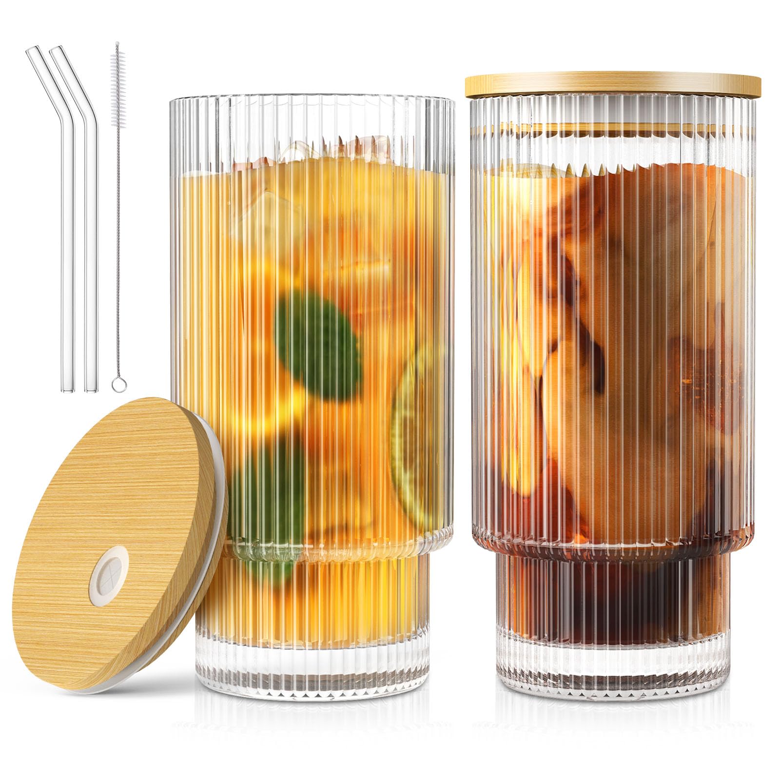 CWHHRN 16OZ Glass Cups with Lids and Straws, Vintage Glassware for Whiskey Cocktail Beer, Iced Coffee Cups with Lid, Glass Tumbler with Straw and Lid (2 PACK)