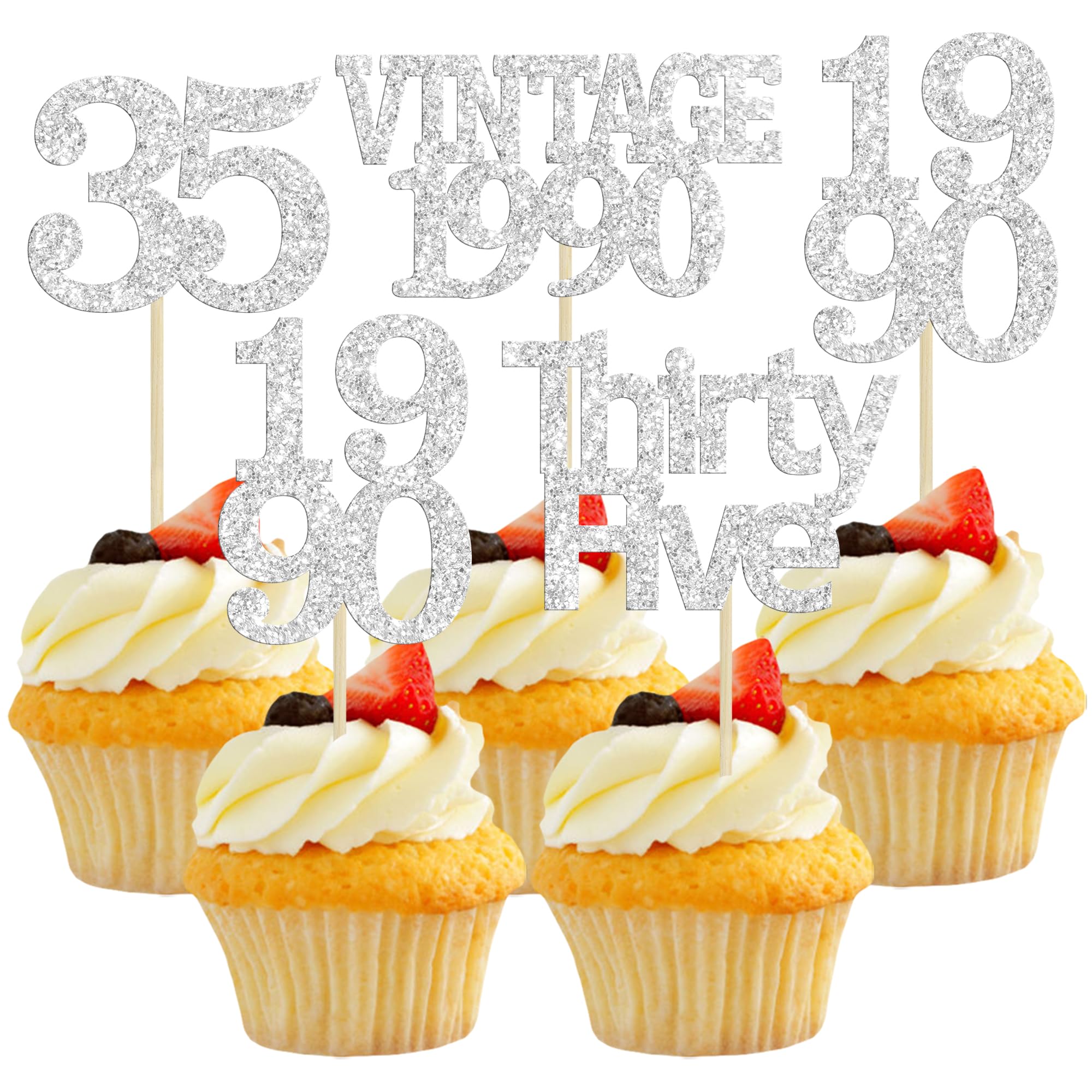 Gyufise 24Pcs Happy 35th Birthday Cupcake Toppers Glitter Thirty Five 35 Fabulous Vintage 1990 Cupcake Picks for 30th Birthday Wedding Anniversary Party Cake Decorations Supplies Rose Gold