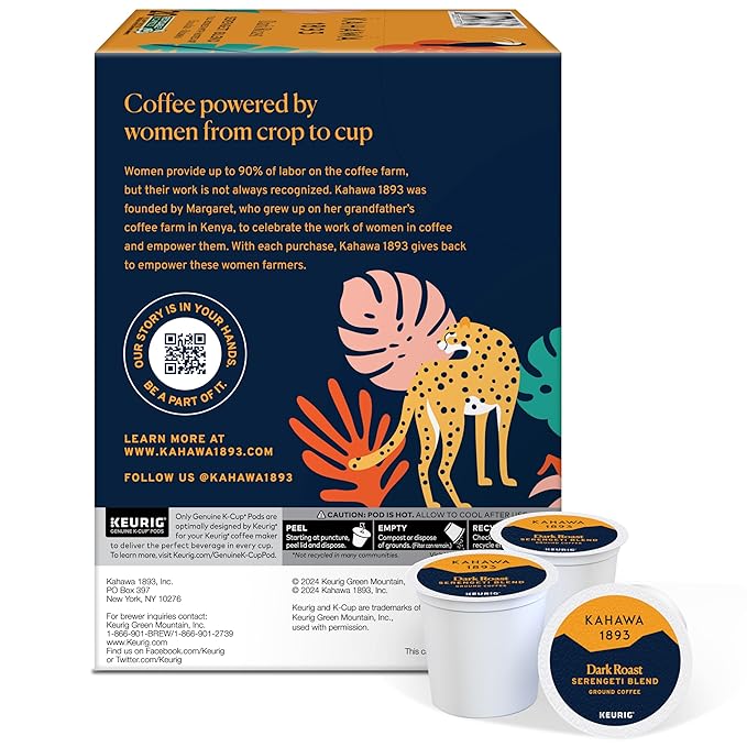 Kahawa 1893 Dark Roast Coffee K-Cup Pods Serengeti Blend (20 Count) - As Seen on Shark Tank, Low Acid, High Antioxidants, Naturally Sweet, Organically Grown, Ethically & Sustainably Sourced