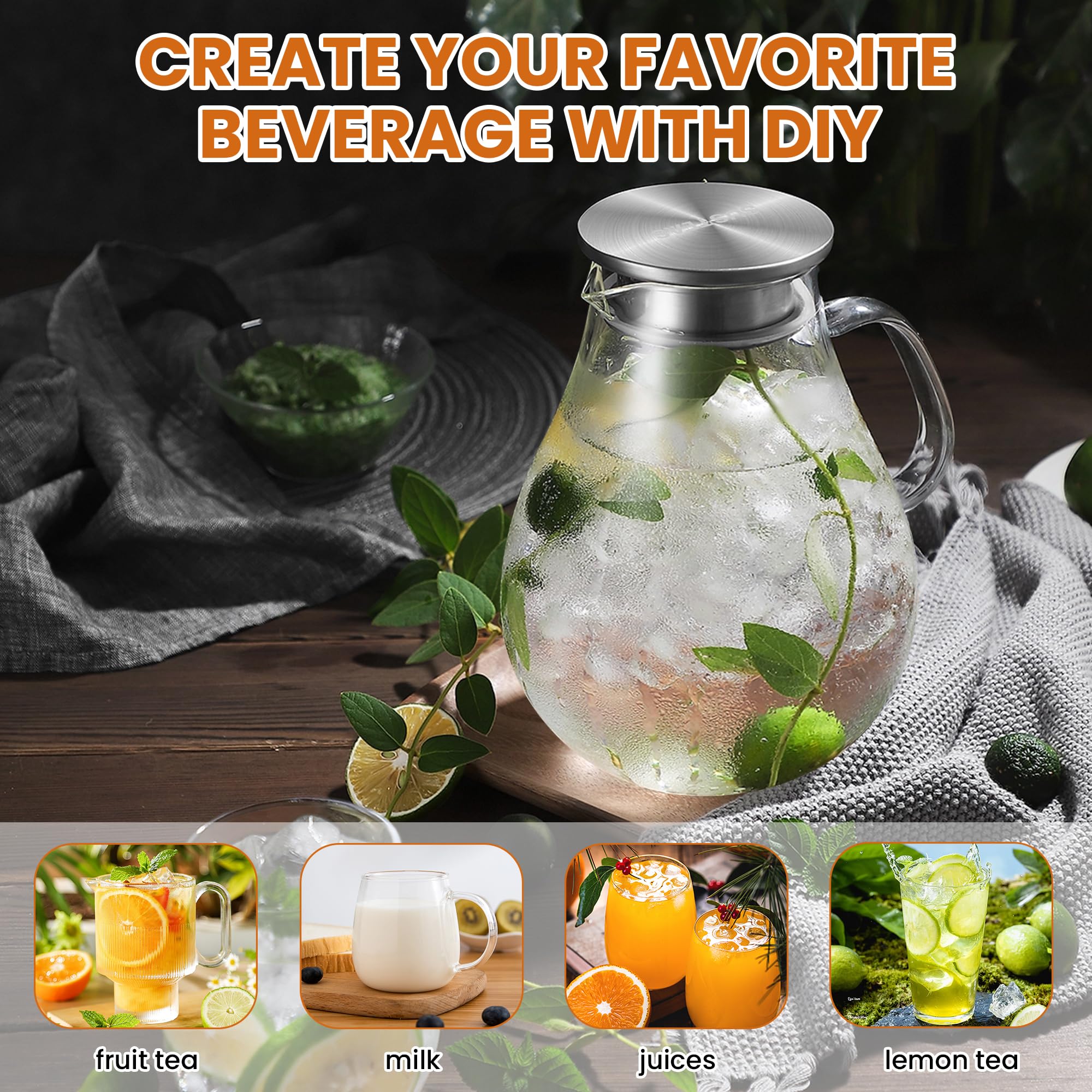 SUSTEAS 3 Litre 101oz Glass Pitcher with Lid and Spout, Handmade Pitcher
