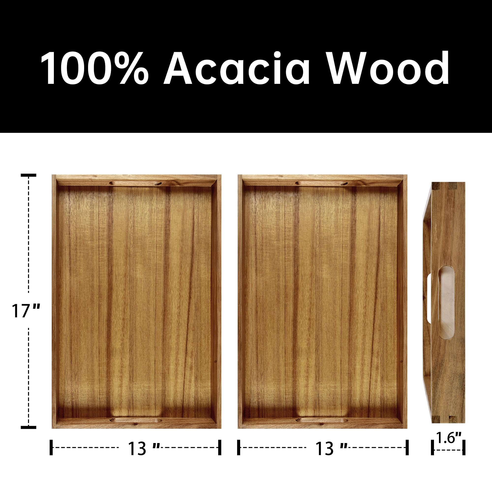 KITEISCAT 17-Inch Acacia Wood Serving Trays with Handles, Set of 2 – Decorative Wooden Trays for Coffee Table, Ottoman, Living Room, Breakfast & Appetizers – Sturdy & Elegant Serving Platters