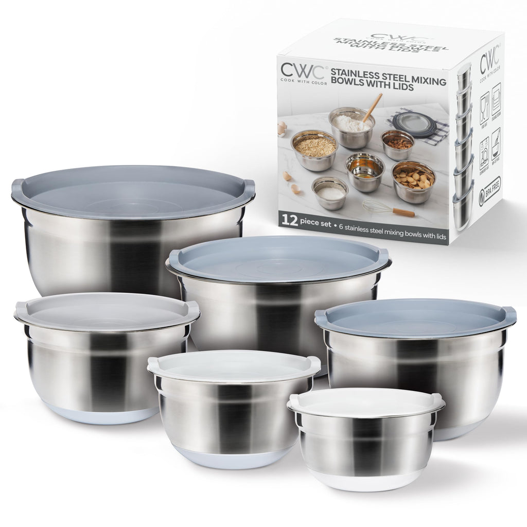 COOK WITH COLOR Stainless Steel Mixing Bowls Set with Lids - Nesting Bowls with Non-Slip Bottom, Grey, 12 Pieces