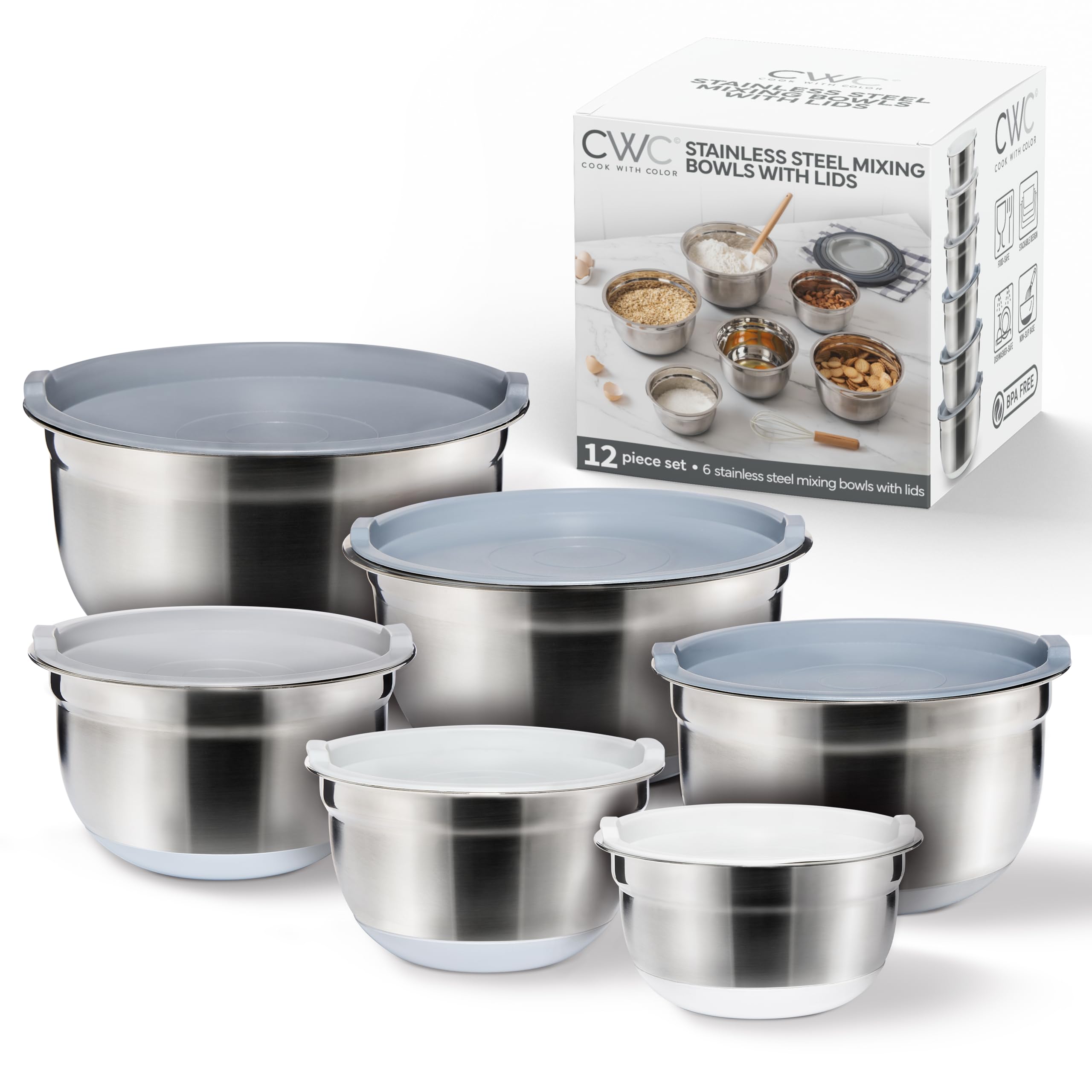 COOK WITH COLOR Stainless Steel Mixing Bowls Set with Lids - Nesting Bowls with Non-Slip Bottom, Grey, 12 Pieces