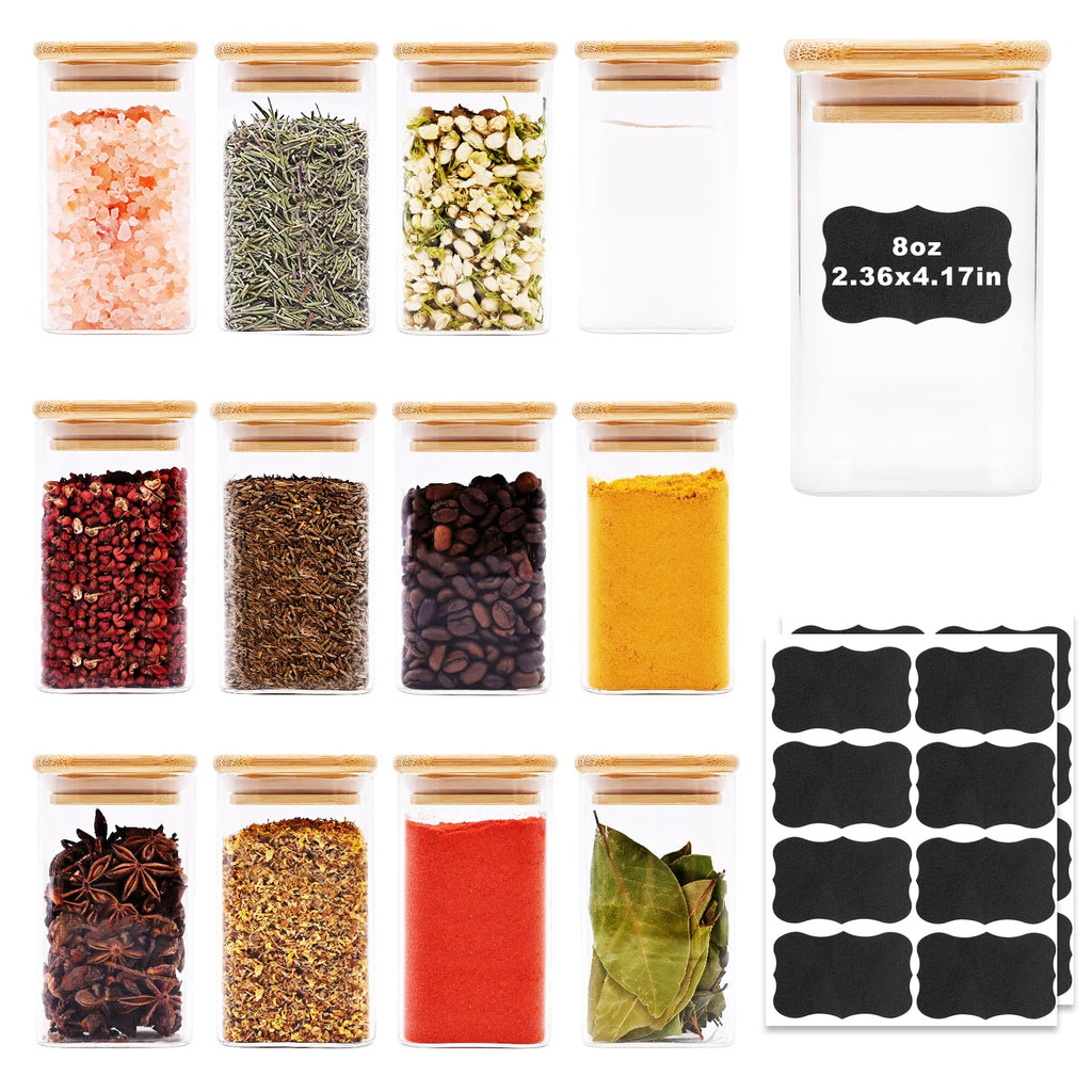 SHOWIN Glass Food Storage Jars Square 8oz, 12 Pack Glass Jars With Bamboo Lids, Kitchen Storage Containers For Spice, Candy, Cookie, Storage For Pantry Organizers