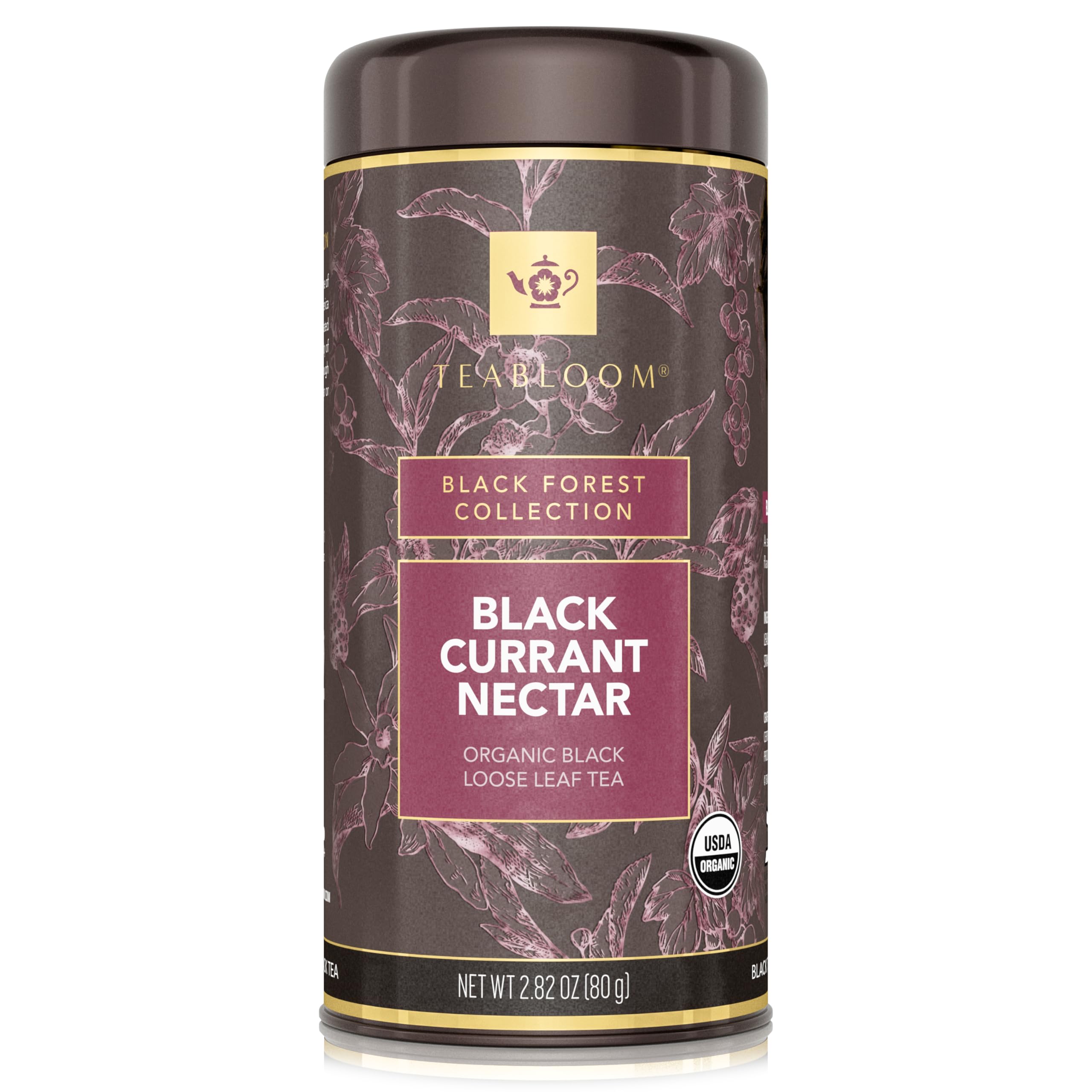 Teabloom Organic Black Tea, Black Currant Nectar Loose Leaf Tea, USDA Certified Organic, 2.82 Ounce Loose Leaf Tea Canister Makes 35-50 Cups
