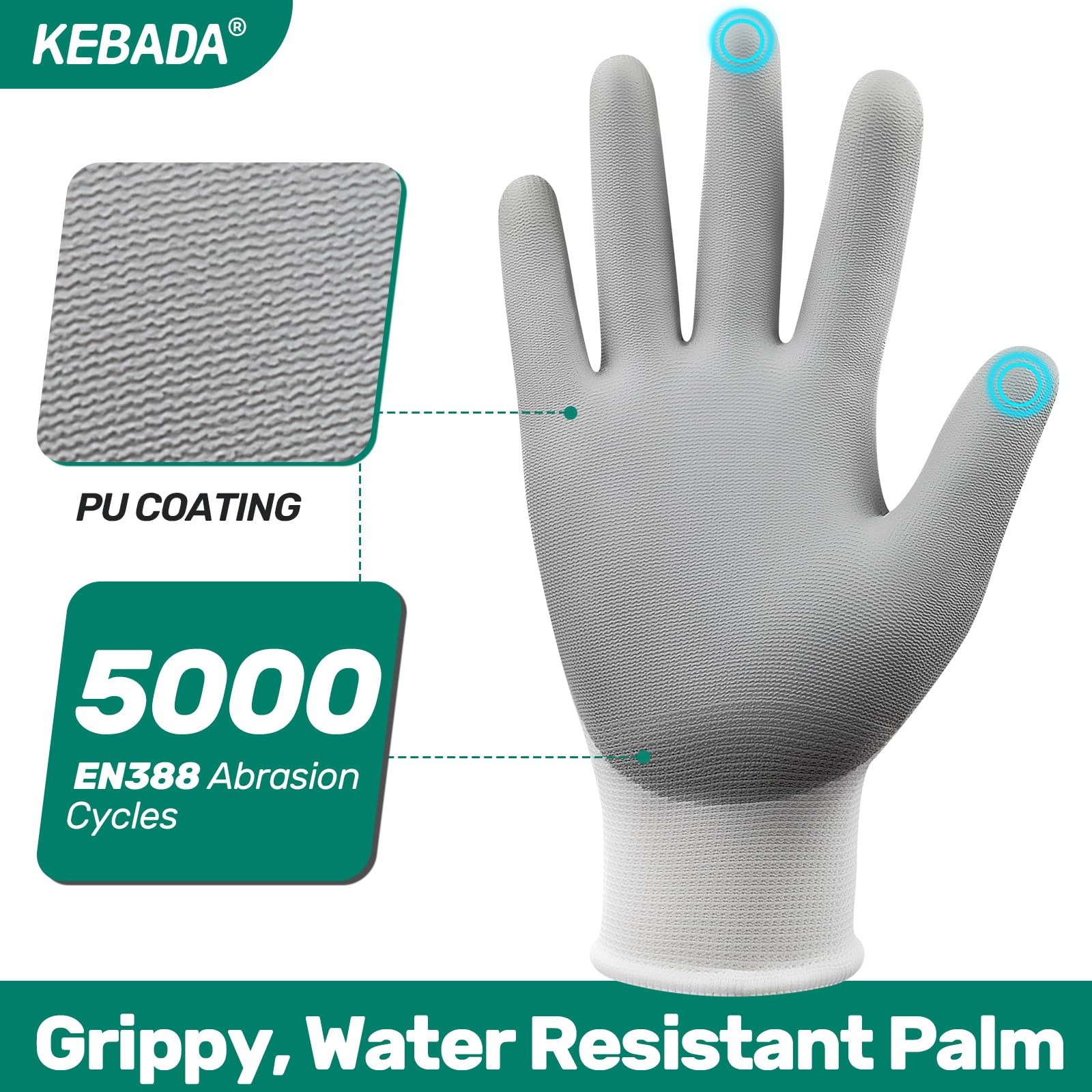 Kebada W1 Safety Work Gloves for Men & Women, Touchscreen, PU Coated