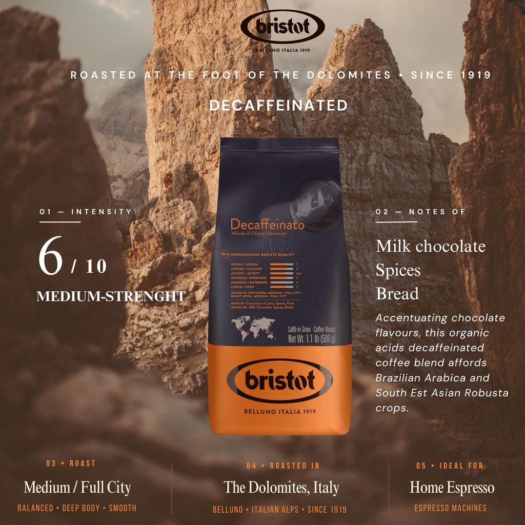 Bristot Decaf Italian Coffee Beans – Medium Roast Whole Espresso Beans – Smooth & Rich Flavor – 1.1 lb (500g) Bag – Roasted in Italy