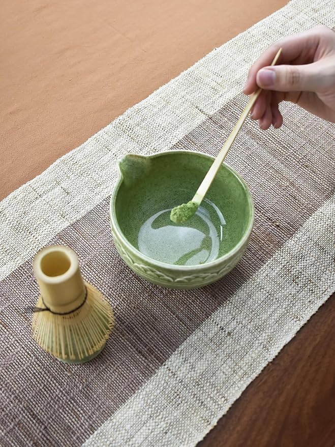 Artcome Matcha Tea Set with Pouring Spout - Green Ceramic Matcha Bowl, Bamboo Whisk, Whisk Holder, Tea Scoop & Matcha Tea Manual for Traditional Japanese Tea Ceremony - Ideal for Gift - Deep Green