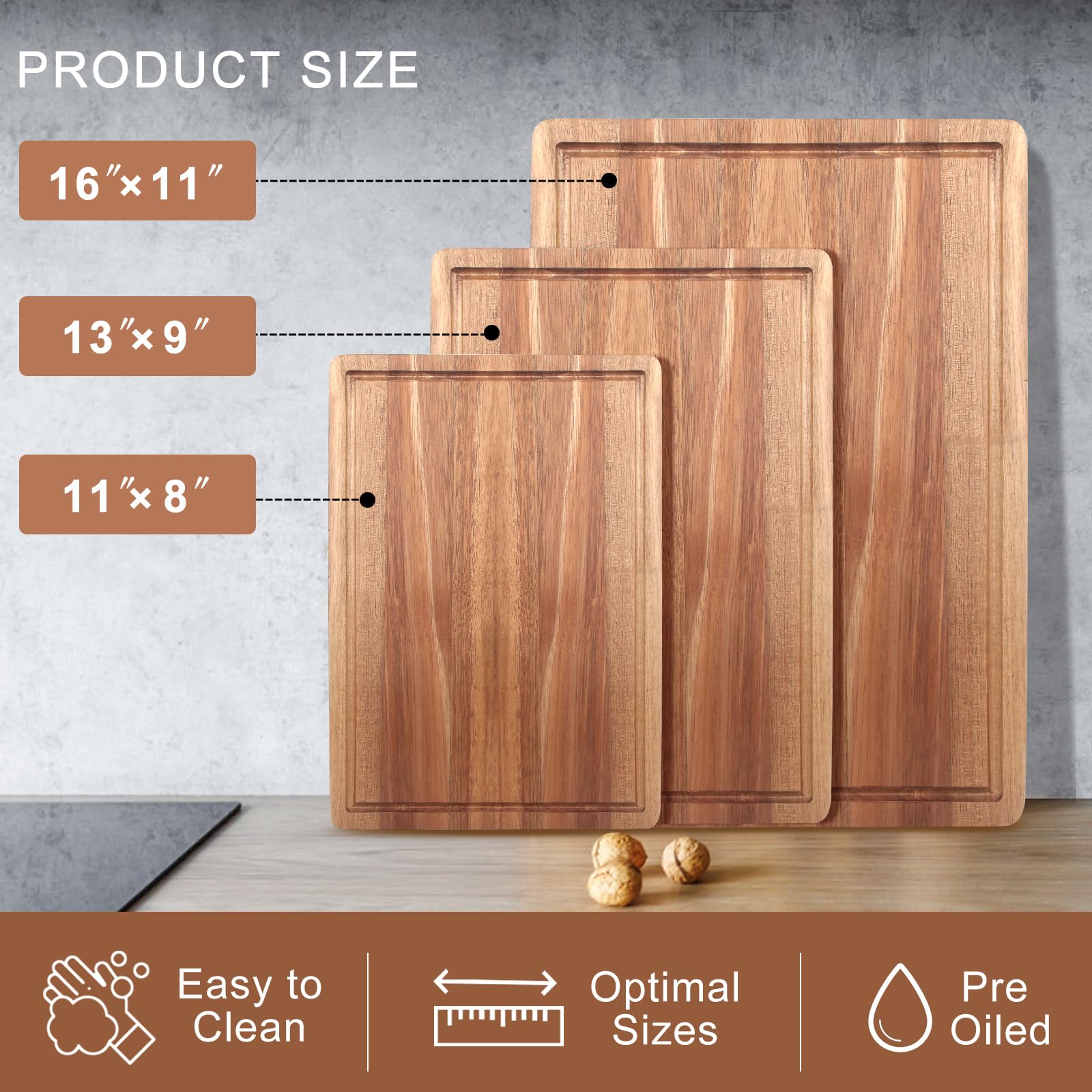 Solid Acacia Wood Cutting Board Set of 3 Wooden Charcuterie Boards Set