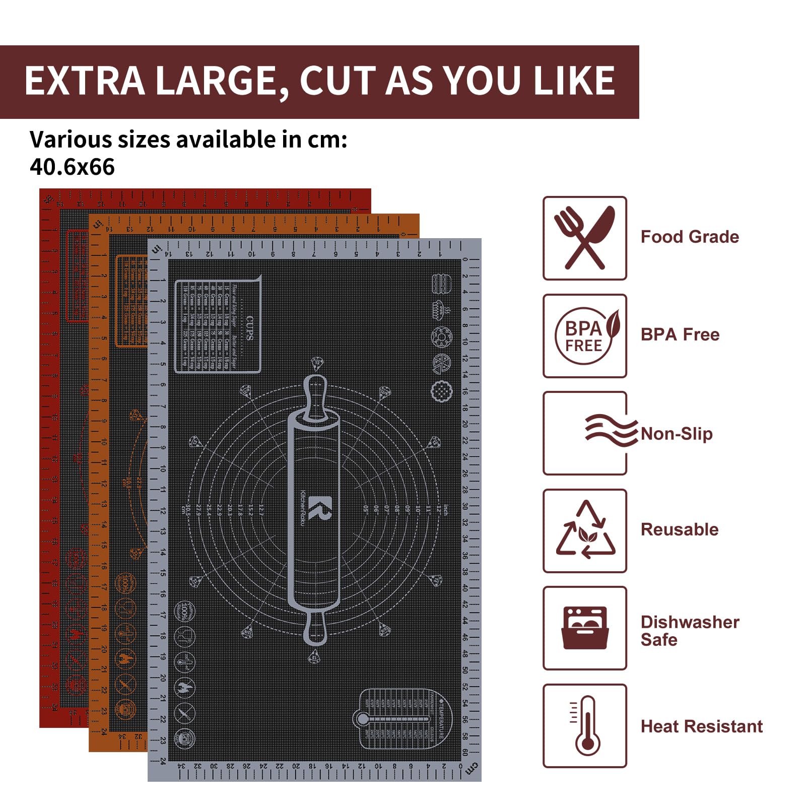 Silicone Pastry Mat Extra Large with Measurements 26''x16'' for Reusable,Non-slip Silicone Baking Mat, Counter, Dough Rolling, Oven Liner,Fondant/Pie Crust (Translucent_Orange, 16''W x 26''L)