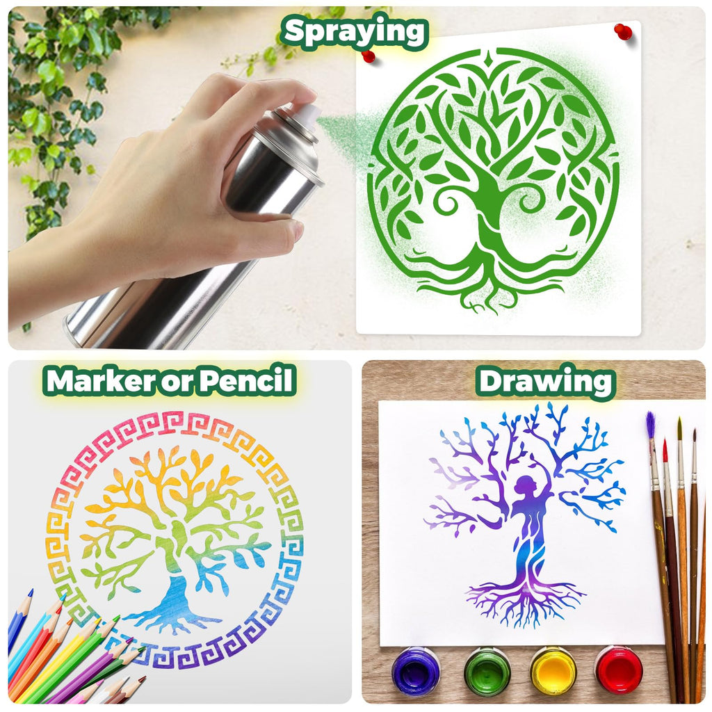 Yazhiji 15Pcs 6 x 6 Inch Tree of Life Stencil, Reusable Stencils for Painting on Wood Decoration Painting Templates for Wall Floor DIY Decorations Christmas Gifts for Kids