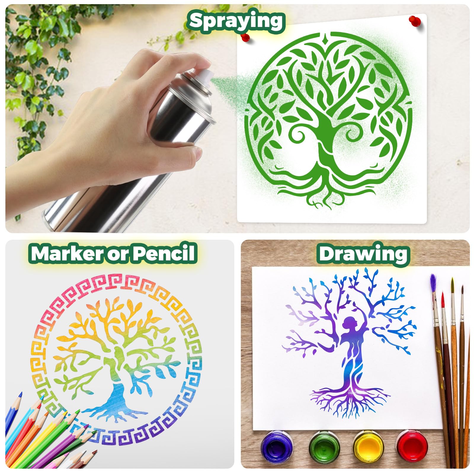 Yazhiji 15Pcs 6 x 6 Inch Tree of Life Stencil, Reusable Stencils for Painting on Wood Decoration Painting Templates for Wall Floor DIY Decorations Christmas Gifts for Kids