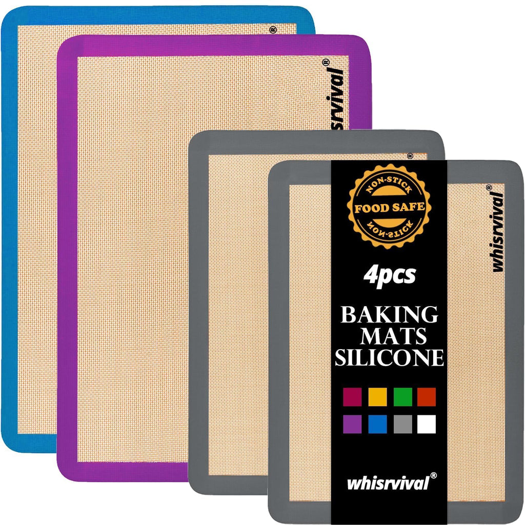 whisrvival 4 Pack Silicone Baking Mat, Non-Stick Silicone Baking Sheet, Food Safe Silicone Mats for Baking, 480℉ Heat Resistant, 2 Half & 2 Quarter (Purple, Blue, Grey)
