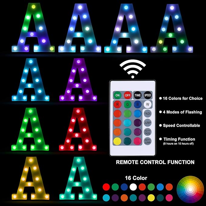 Foaky Colorful LED Letter Lights with Remote,Marquee Light Up Letters Sign for Night Light Wedding/Birthday Party Battery Powered Christmas Lamp Home Bar Decoration(D)