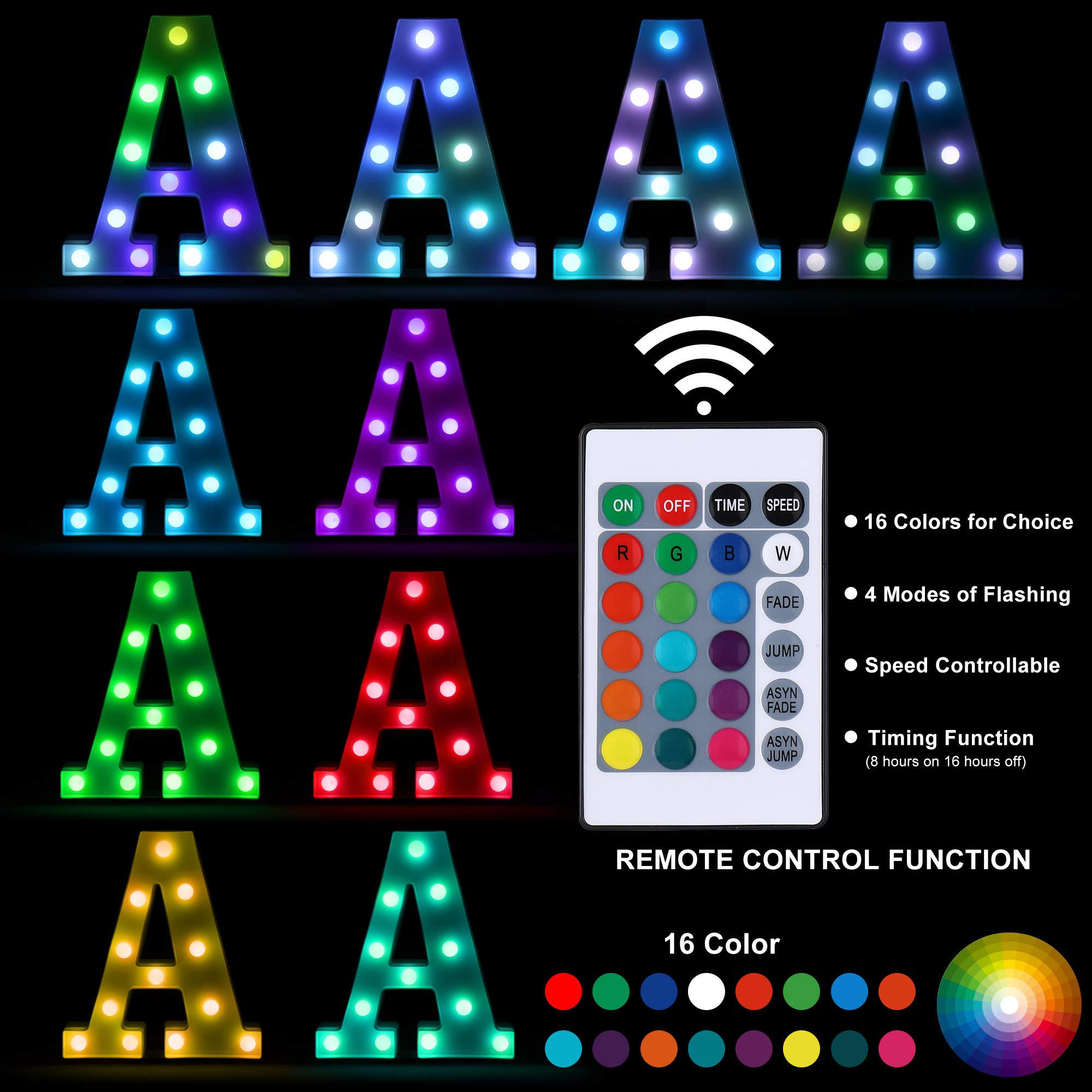 Foaky Colorful LED Letter Lights with Remote,Marquee Light Up Letters Sign for Night Light Wedding/Birthday Party Battery Powered Christmas Lamp Home Bar Decoration(H)