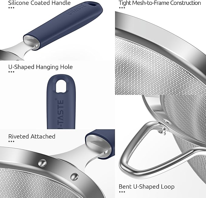 U-Taste Small Fine Mesh Strainer: 18/8 Stainless Steel 3.35in 30 Mesh Kitchen Food Sieve with Sturdy Riveted Silicone Handle, Heavy Duty Deep Handheld Metal Colander for Tea, Juice (Midnight Blue)
