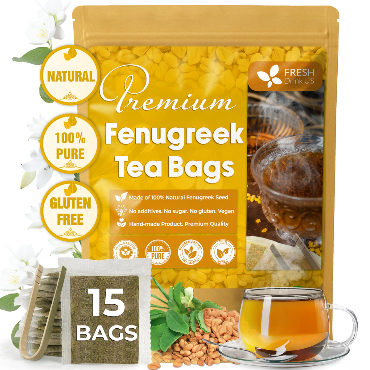 FreshDrinkUS, Premium 15 Bags Mullein Leaf Tea, 100% Natural & Pure